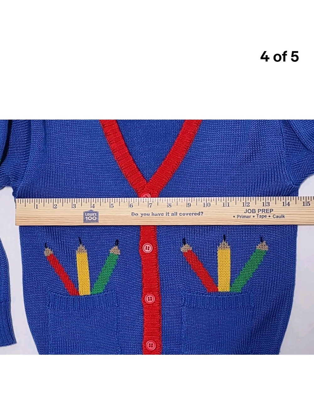 Vtg J G Hook Blue Knit Cardigan with Rainbow Pencil School Motif Large Kids - Picture 4 of 5